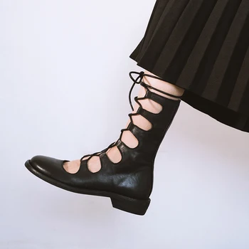 

Luxury brand knight boots women's Retro high heel shoes genuine leather cross-tied ankle boots women's shoes botas mujer