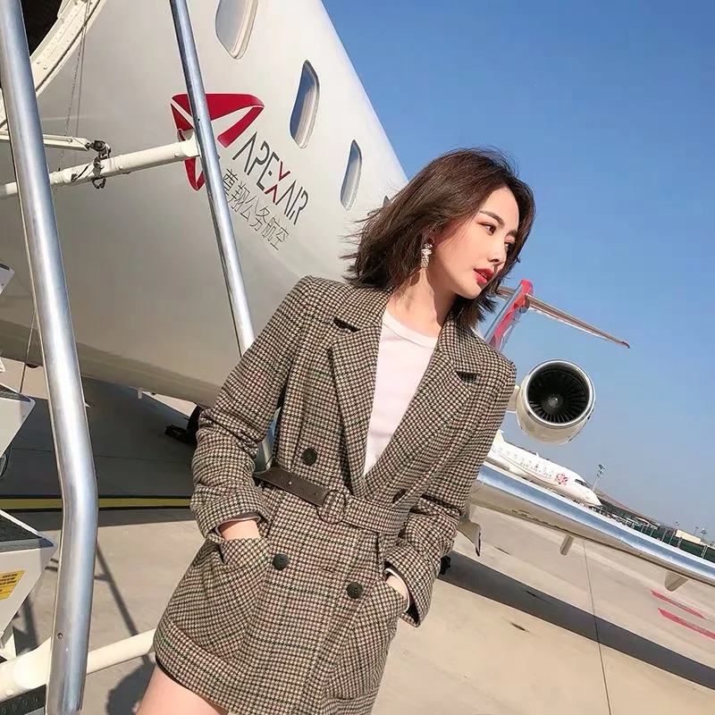 Vintage Plaid Women Blazer Jacket Sashes Belted Female Suit Coat Notch Collar Pockets Blend Coat Jacket Femme
