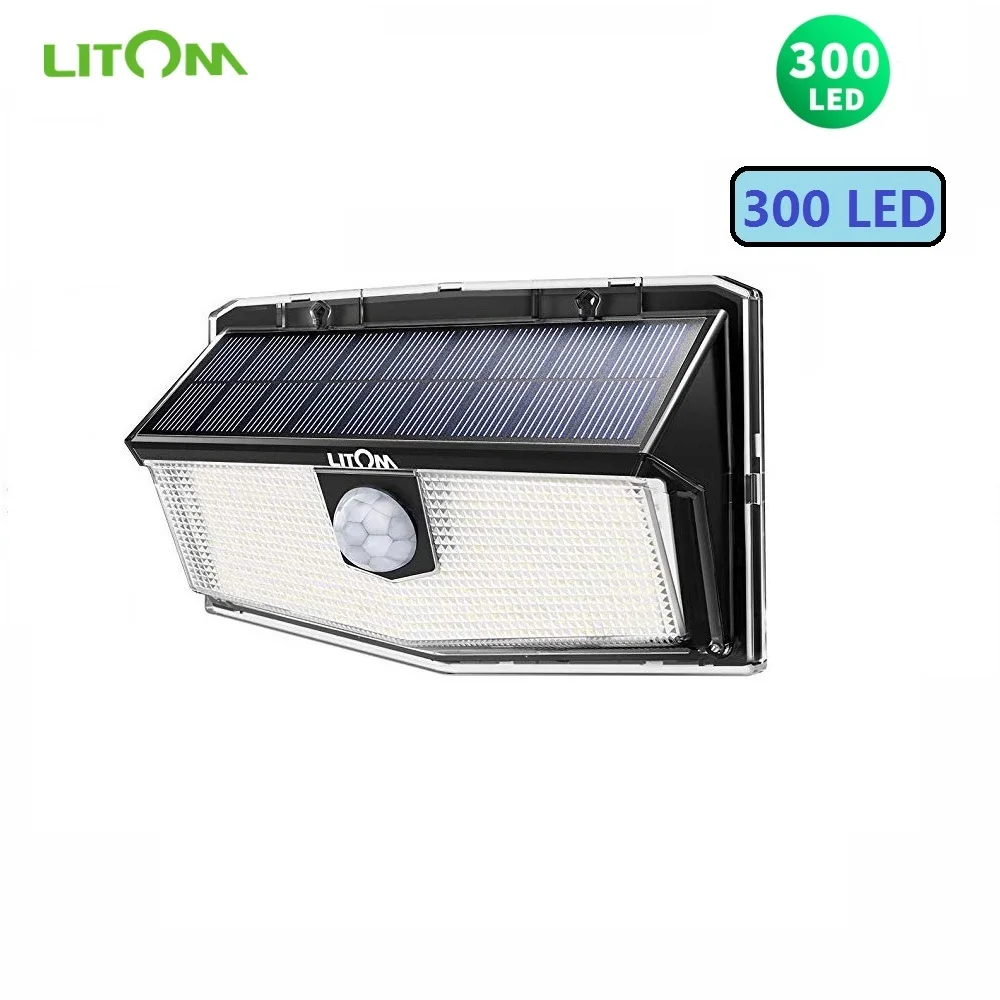 Upgraded LITOM 300 LED Solar Lights Garden PIR Motion Sensor Lights IP67 Waterproof 3 Intelligent Modes Wide Angle Garden Lights