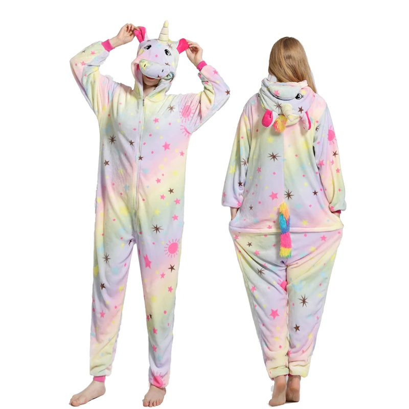 Kigurumi Adult Pajamas Unicorn Winter Women Pajamas Set Animal Panda Stitch Onesie Pyjama Unisex Flannel Sleepwear Jumpsuit - Цвет: Star unicorn