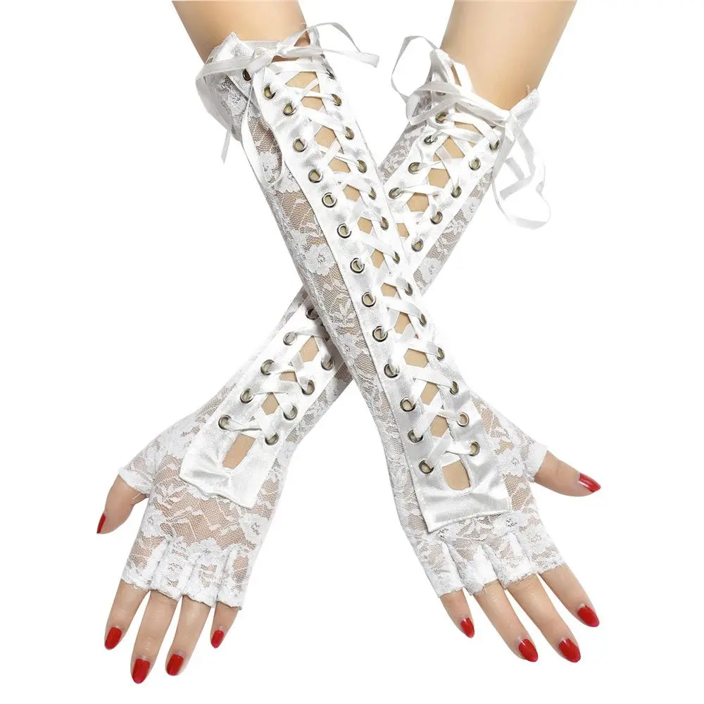 1 Pair Women Fingerless Long Ritual Dance Lace Gloves Silk Ribbon Punk