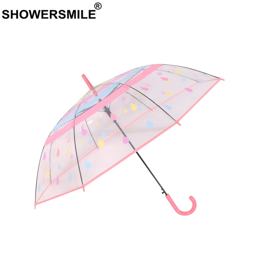 

SHOWERSMILE Clear Umbrella Transparent Raindrops Pink Guarda Chuva Cute Long Handle Semi-automatic Umbrella Rain Women