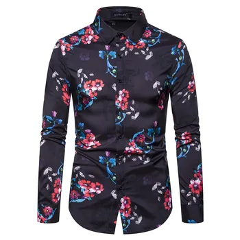 

Flower Shirt for Men Social Hawaiian Style Long sleeve Hawaiian Shirt Male Fashion Casual Blouse Men New black