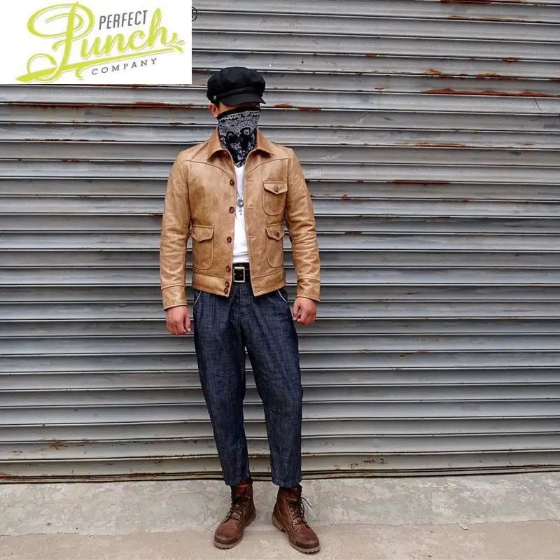 

Мужская кожаная куртка в стиле ретро, короткая приталенная куртка из воловьей кожи, Весна-Осень 100% KJ7228