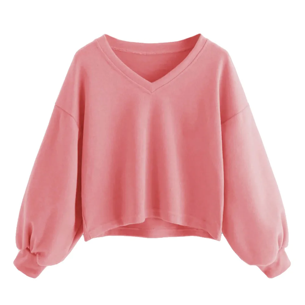 

Fashion Autumn Winter Loose V-neck Lantern Sleeves Solid Color Sweatshirt Round Neck Pullover Sweatshirt Casual Women Clothing