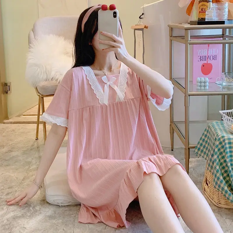 

Women's Nightgown Night Dress Woman Sleepwear Plus Size Lingere Princess Dress with Lace Bow Solid Summer Dresses Night Wear