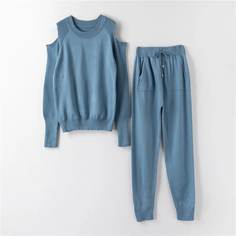 Dark blue two piece FORERUN/12 цветов; комплект из двух предметов; вязаный свитер; зимние комплекты с открытыми плечами; топ и брюки; уличная одежда; Conjunto Femenino - Цвет: Dark blue two piece