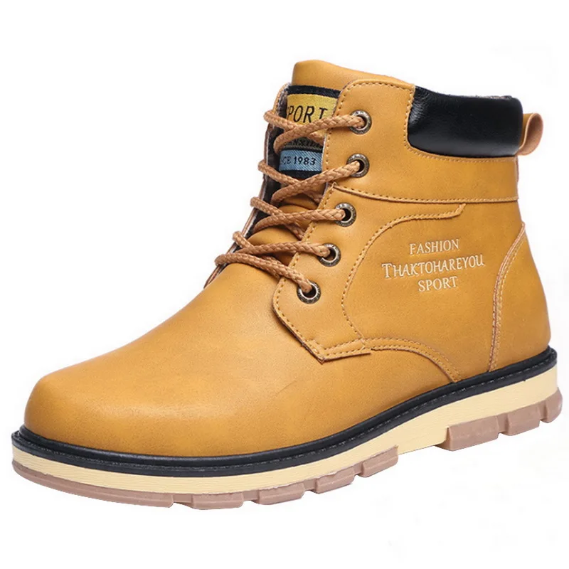 Men Outdoor Warm Ankle Boots Men PU Leather Plush Snow Boots Autumn Winter Non-slip Boots Plus Velvet Boots for Daily New - Цвет: Yellow Brown