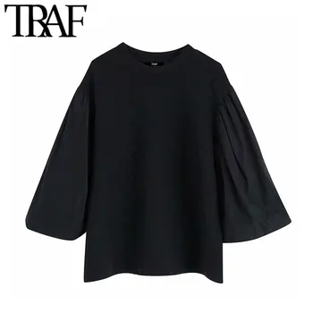

TRAF Women Vintage Stylish Basic Black Quilted Sweatshirt Fashion O Neck Lantern Sleeve Female Pullovers Chic Tops