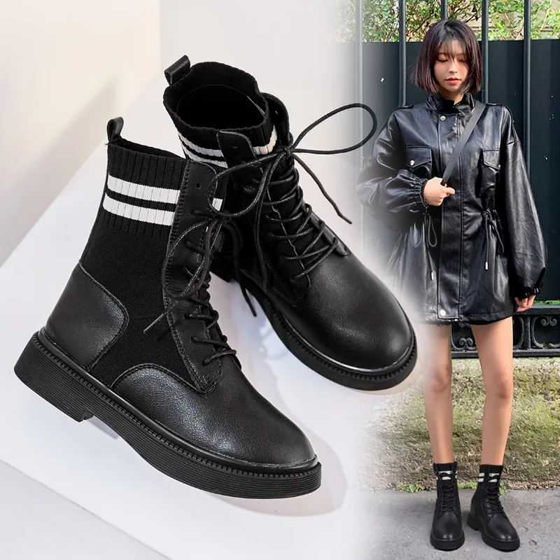 

2019 Winter New Style Women's round-Toe Genuine Leather Korean-style WOMEN'S Leather Boots Lace up Front Martin Boots Waterproof