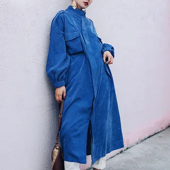 

iMucci 2020 Long Sleeve Blue Windbreaker Overknee Long Fund Chic Spring Loose Waist Corduroy Loose Coat Women Tide TM1236