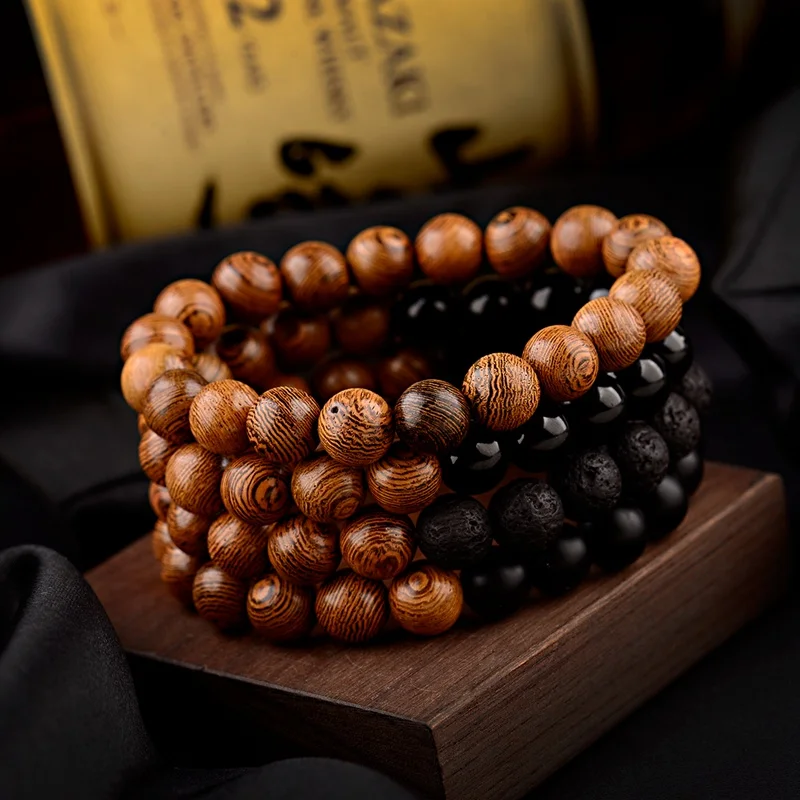

OIQUEI 10mm Classic Wood Bracelet Men Women Black Natural Matte Lava Stone Beads Elastic Bracelet Boho Jewelry Accessories Gifts