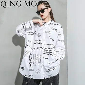 

QING MO Black White Women Loose Blouse 2020 Spring Women Letter Printed Blouse Female Irregular Blouse ZQY3173
