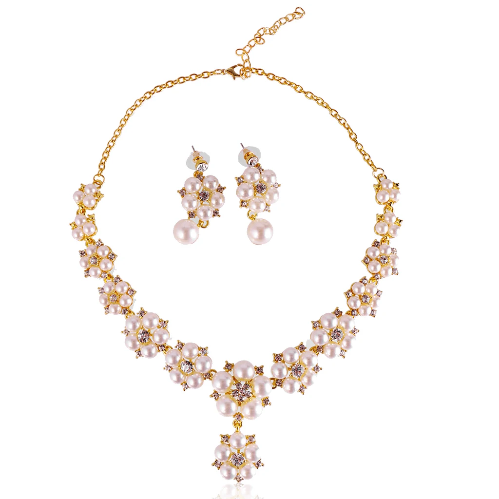 Rhinestone Pearl Floral Necklace Earrings Set Wedding Bridal Jewelry