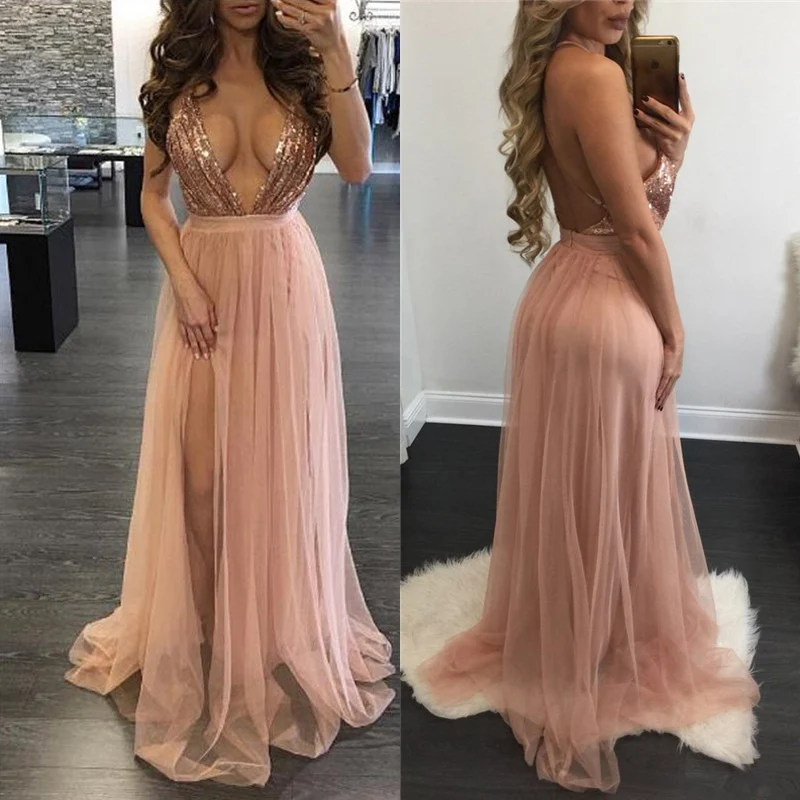 PFFLOOK Mesh Sequin Sexy Maxi Dress Women Deep V Neck Cross Back Backless Long Dress Elegant Sleeveless Solid Summer Party Dress
