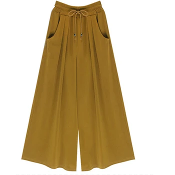 

Summer Thin Trousers Women Black Wide Leg Pants Lady Ankle Length Pants Casual Trouser Elastic Waist Plus Size Pants Feminino