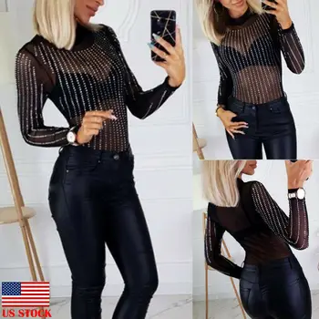 

Women Sexy Mesh Long Sleeve Diamond Striped Jumpsuit High Neck Female Bodysuit Top Jumpsuit