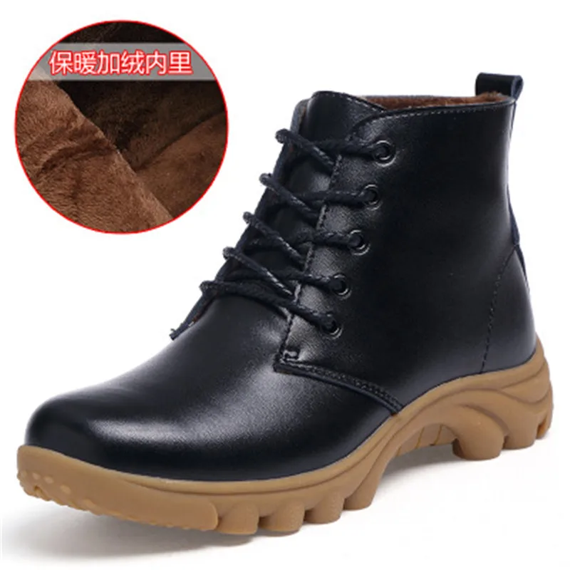 New Fashion Real Cowhide Leather Ankle Boots Winter Plush Warm Comfort Flat Snow Boots Platform Non-slip Lace-Up Booties - Цвет: Черный