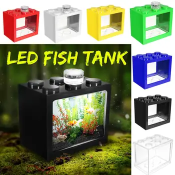 

Colorful Clear Mini Aquarium With LED Lamp Light Betta Fish Tank Office Desktop Ornament Decor Multicolor Box Fighting Cylinder