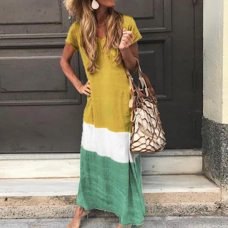 

Laamei New Fashion 2019 Female Dresses Summer Short Sleeve V-Neck Party Long Dress Women Patchwork Plus Size Beach Maxi Dress