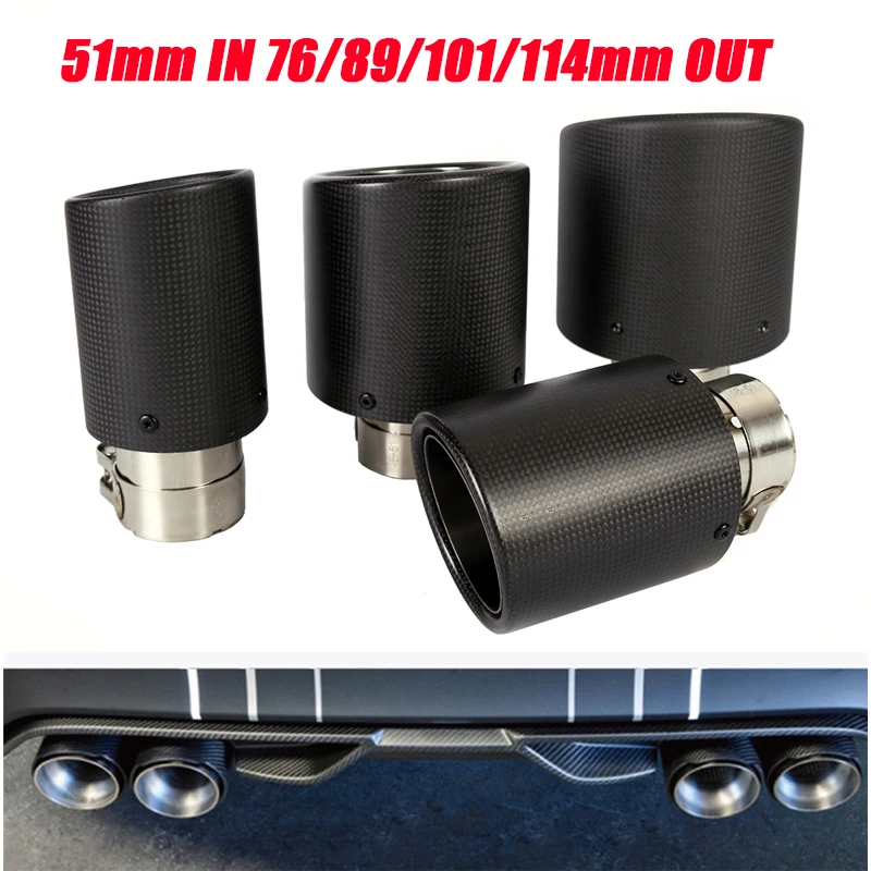 

51mm Inlet Durable Round Silencer System Outlet 76/89/101/114mm Real Carbon Fiber Car Tail Exhaust Pipe 1.4-6L Universal 1Pieces
