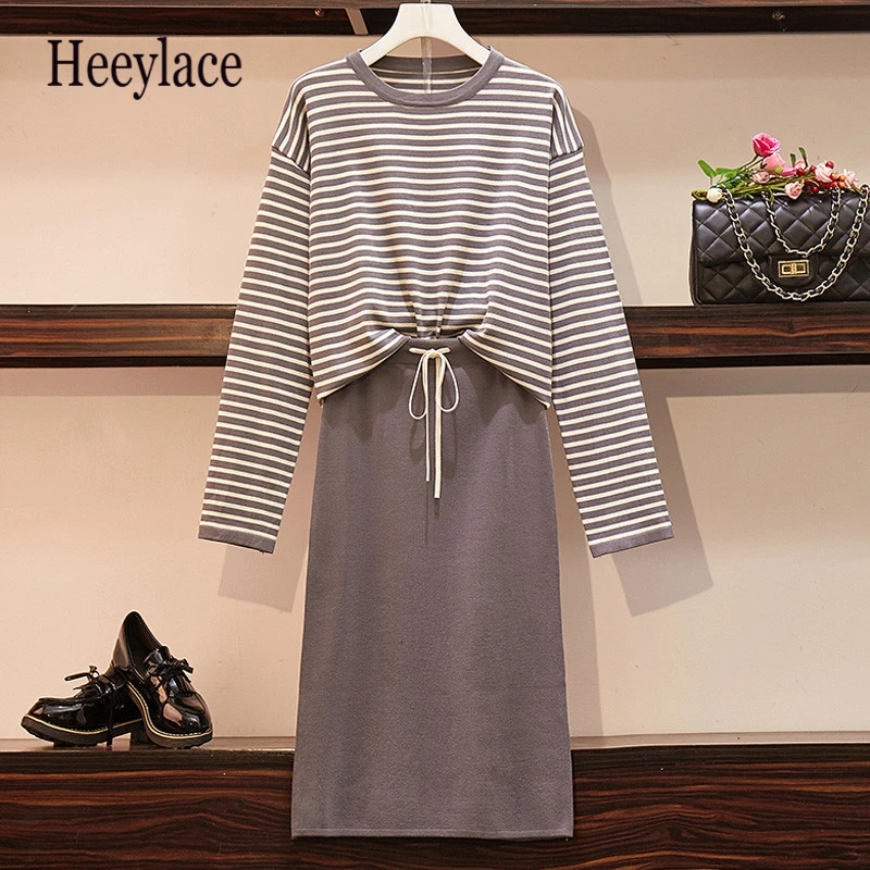 

Autumn Winter Women Elegant Knited Two Piece Set O Neck Stripe Sweater Pullovers And Slim Lace Up Pencli Skirt 2 Piece Suit