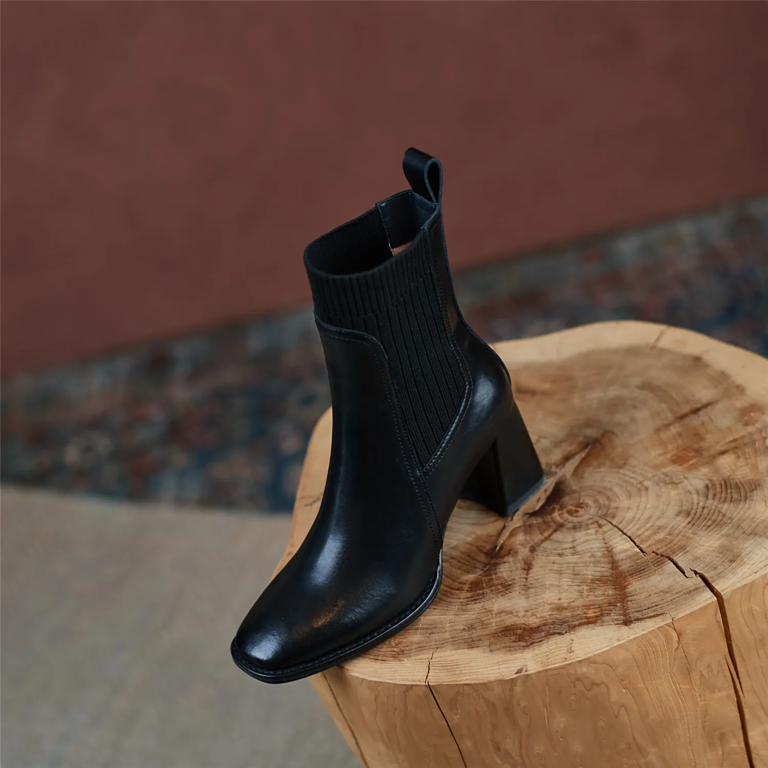 Women Ankle Boots Split Cow Leather Chunky High Heel Knitted Wool Slip on Quality Designer Spring Fall Sock Boots Big Size 42