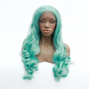 

Long Wavy Synthetic Wig With Natural Hairline Pastel Green For Women Cosplay Natural Hair Wig Heat Resitant Lace Front Hand Tied