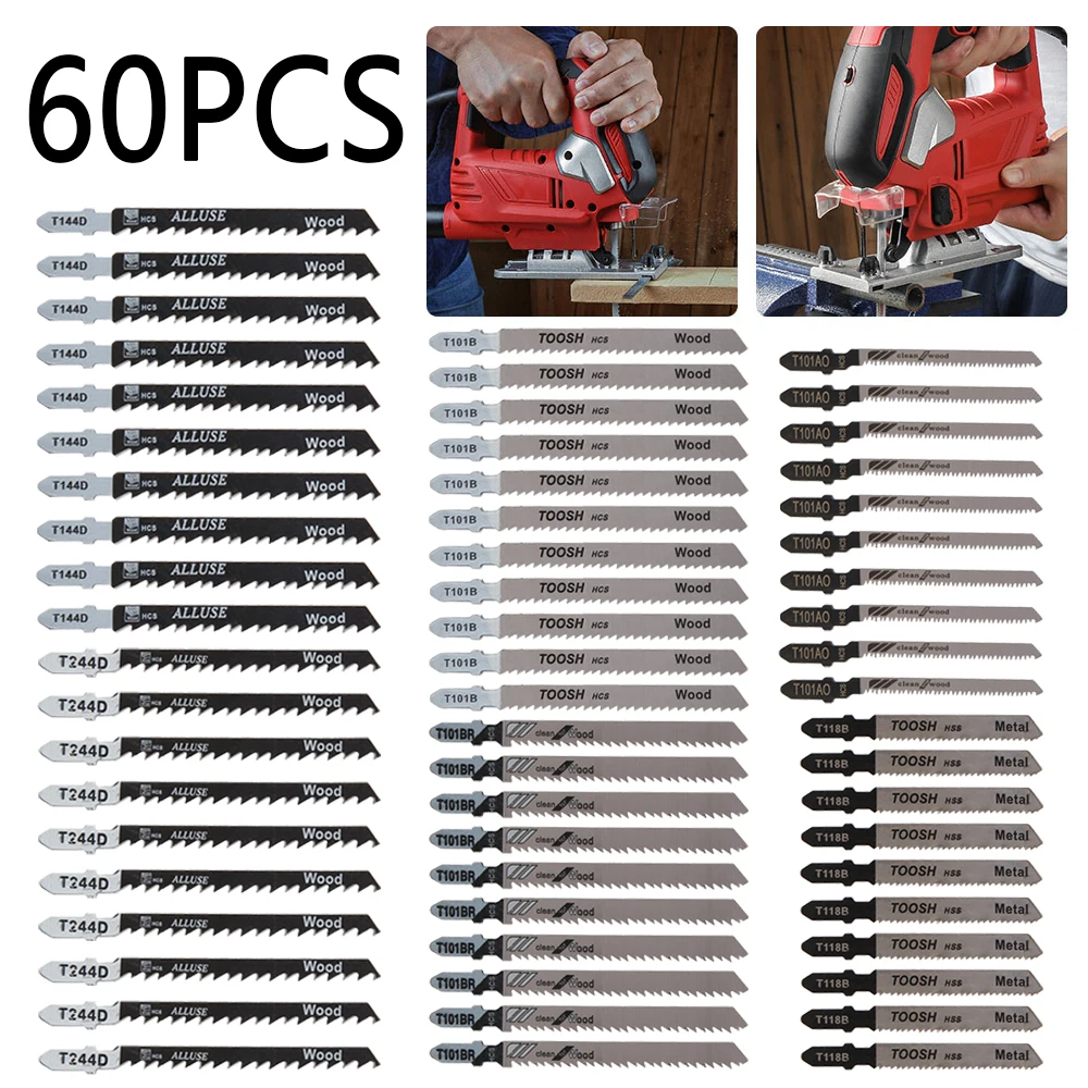 

60pcs HCS T-shank Jigsaw Blade Curve Cutting Tool Kits Metal Steel Jigsaw Blade Set for Wood Plastic Woodworking Tools Cutting