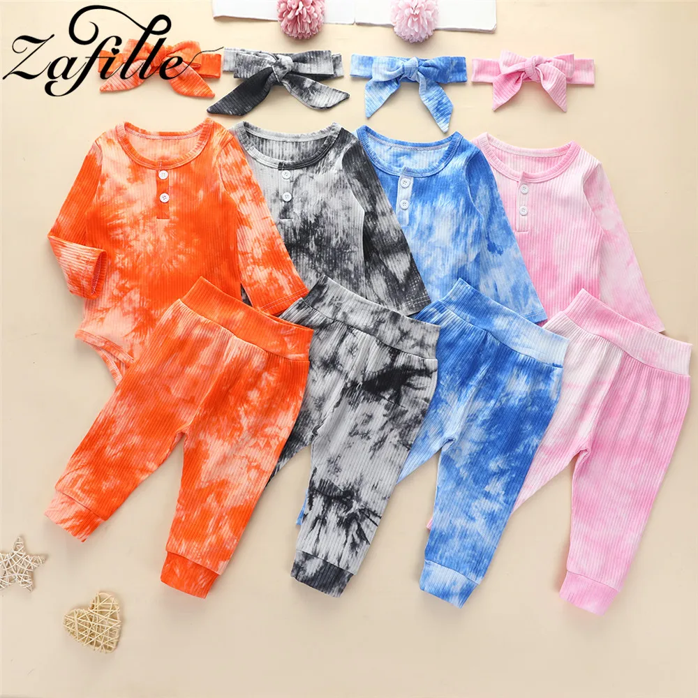 

ZAFILLE 3Pcs Baby Romper Set Long Sleeve Tie-Dyed Print Outfits For Baby Girl Clothes Cotton Baby Boy Suits Children Clothes
