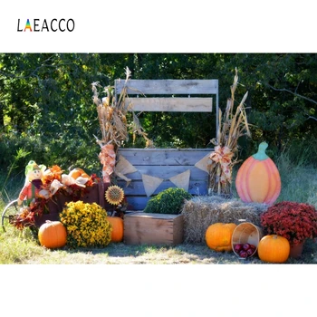 

Laeacco Forest Pumpkin Cart Flowers Scarecrow Corn Photography Backdrops Autumn Yard Photo Backgrounds Birthday Party Photophone