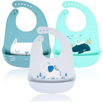 

3 Pcs Waterproof Silicone Feeding Bibs for Baby & Toddlers Unisex Easily Wipe Clean with Wide Food Crumb Catcher Pocket