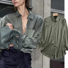 

Dave&Di Blusas Mujer De Moda 2021 Shirt Women Tops England Style Fashion Casual Silk Satin Loose Pleated in Back Blouse Women
