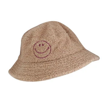 

Smiling face Baby Warm Bucket Hat Lambs Wool Soft Toddler Kids Boy Girl Bonnet 2020 Spring Kids Windproof Solid Color Skull Cap