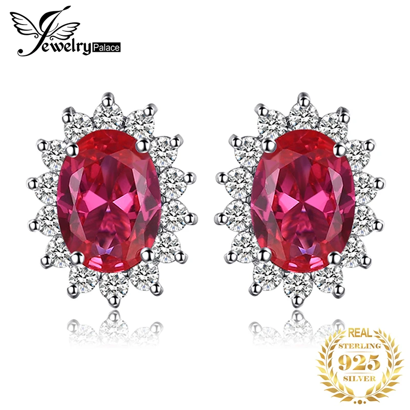 Image Luxury Brand Jewelry Kate Princess Diana Engagement Wedding 2.5ct Red Ruby Stud Earrings Lady Set Pure Solid 925 Sterling Silver