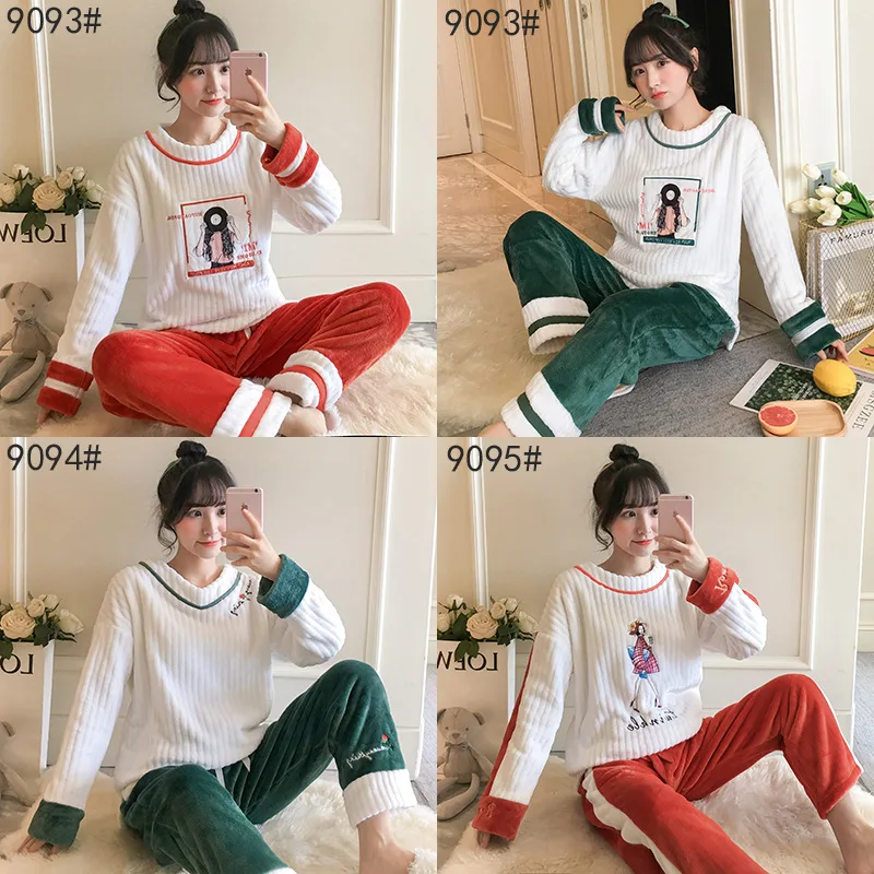 

Pajamas Women's Autumn & Winter Flannel Long Sleeve Thick Thermal Suit Cute Sweet Coral Velvet Tracksuit Two-Piece Set