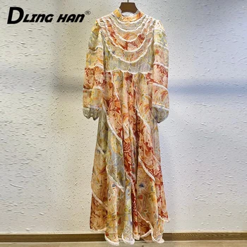 

DLINGHAN Vintage Floral Print Dress Women's Stand Collar Puff Sleeve Lace Patchwork Party Long Dresses Designer Autumn New