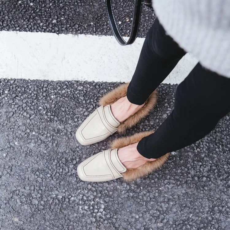 

Spring And Autumn Genuine Leather Loafers Rabbit Fur Loafers Winter Fluffy Shoes Versatile Slip-on WOMEN'S Shoes