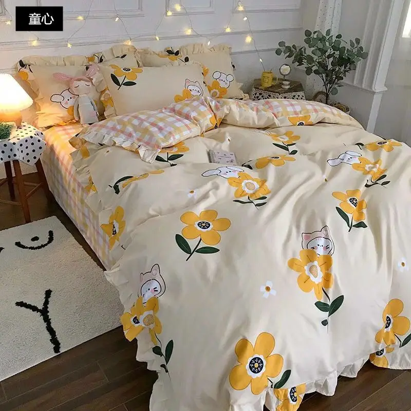Four-piece set on a lotus leaf bed Korean style fragrant taro purple grid soft small fragrant style bed sheet three-piece set 