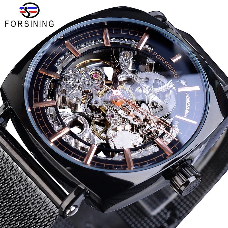 Forsining Top Brand Luxury Man Clock Fashion Mens Watch Casual Waterproof Rose Gold Mesh Skeleton Mechanical Wristwatches - Цвет: W1076-10