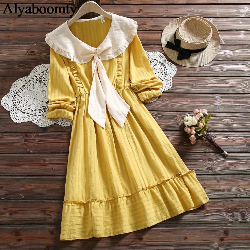 Японский консервативный стиль осень весна женское милое платье желтый зеленый галстук Хлопок Лен Платье Kawaii Девушка Лолита оборками Мини платье - Цвет: Yellow