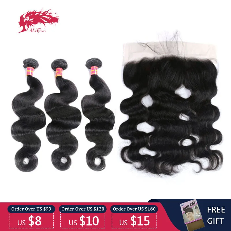 

3/4Pcs Brazilian Body Wave Human Hair Bundles With 13x4 HD Transparent Lace Frontal Closure Ali Queen Remy Hair Weft