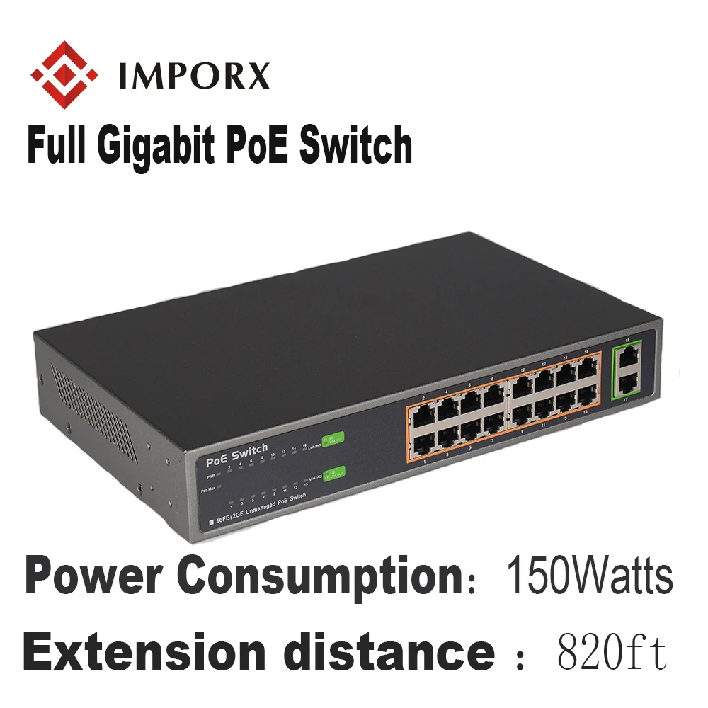 

IMPORX 5/8/16 Ports Full Gigabit Ethernet 10/100Mbps IEEE 802.3 af/at Plug and Play POE Switch Injector For Security IP Camera