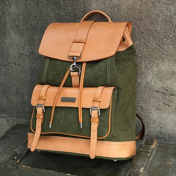 

Mens Cowhide Leather Bag Canvas Bag Large Capacity Backpack Travel Bag Genuine Leather Mens Handbag Satchel Military Style
