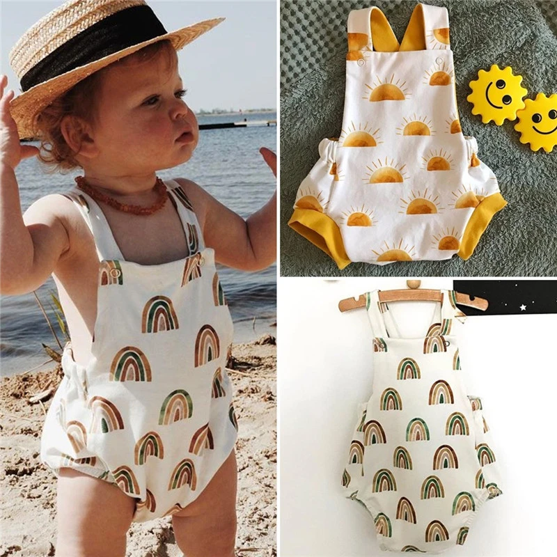 Warm Baby Bodysuits  0-24M Summer Unisex Baby Clothes Sun/Rainbow Print Romper Baby Boy Girl Sleeveless Cross Strap Jumpsuit For Newborn Playsuit customised baby bodysuits