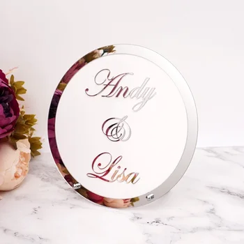 

Personalized White Acrylic Sign Plate Custom Bride Groom Name Round Frame Wedding Table Standing with Nail Party Decor Favors