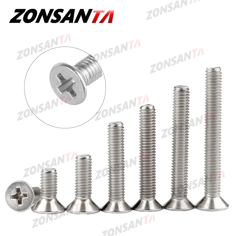 ZONSANTA M1.6 M2 M2.5 M3 M4 M5 M6 Mini Micro pequeño 304 Acero inoxidable Phillips perno plana de cabeza tornillo de cabeza para muebles