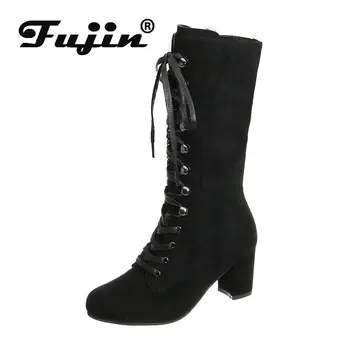 

Fujin Knee High Women Boots Horse Motorcycle Women Shoes Sexy Boots Plush Round Toe Warm Inside Stretch Boots Winter Shoes Women