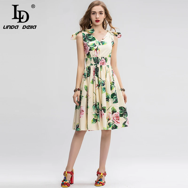 LD LINDA DELLA 2020 Fashion Runway Casual Zomer vrouwen Jurk V-hals elastische Taille Rose Bloemenprint Elegante 100% katoenen Jurk LD LINDA DELLA 2020 Fashion Runway Casual Zomer vrouwen Jurk V-hals elastische Taille Rose Bloemenprint Elegante 100% katoenen Jurk