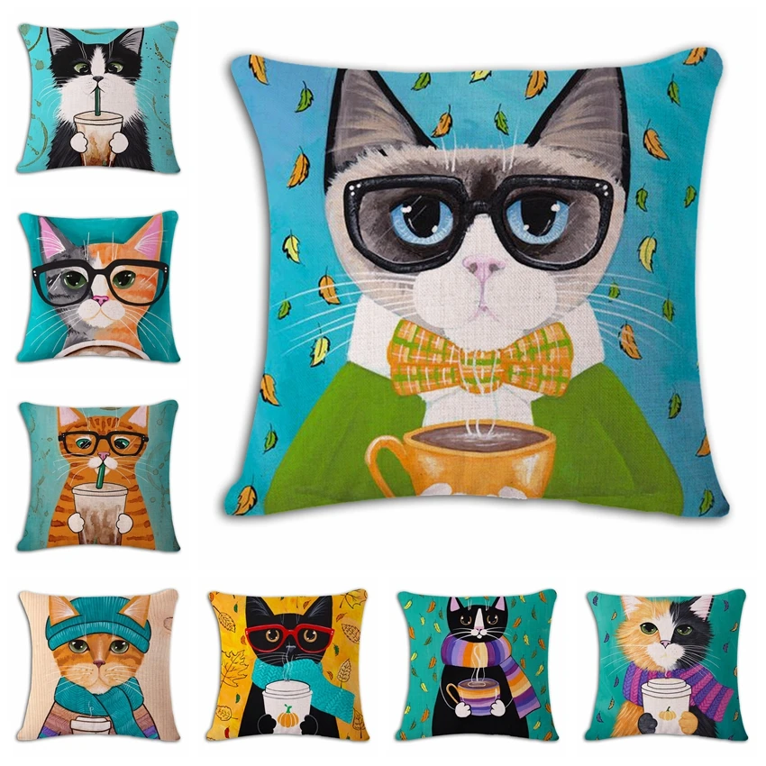 

Creative Cute Cat Cushion Cover Print Linen Family Affection Sofa Car Seat Home Decorative Throw Pillow Case Housse De Coussin